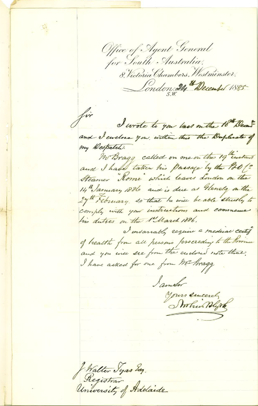 Arthur Blyth - Office of Agent General for South Australia - London - Sailing of Professor William Bragg