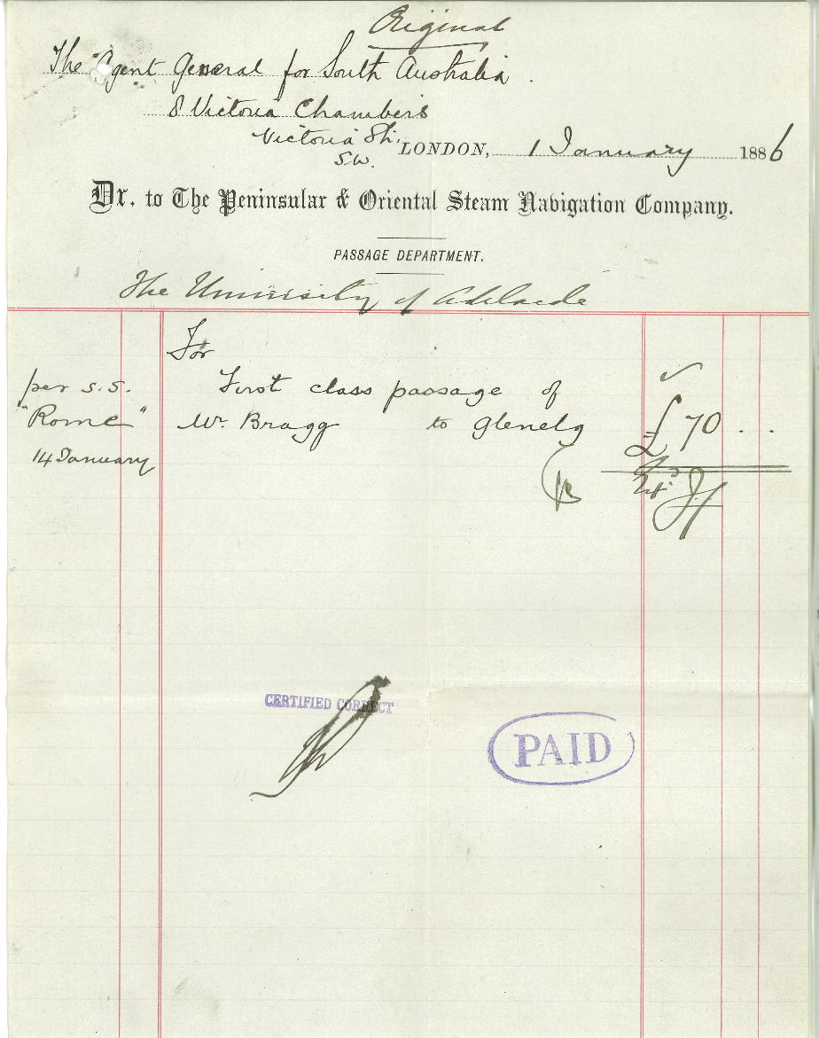 Arthur Blyth - Office of Agent General for South Australia - London - Professor William Bragg's Passage and Insurance