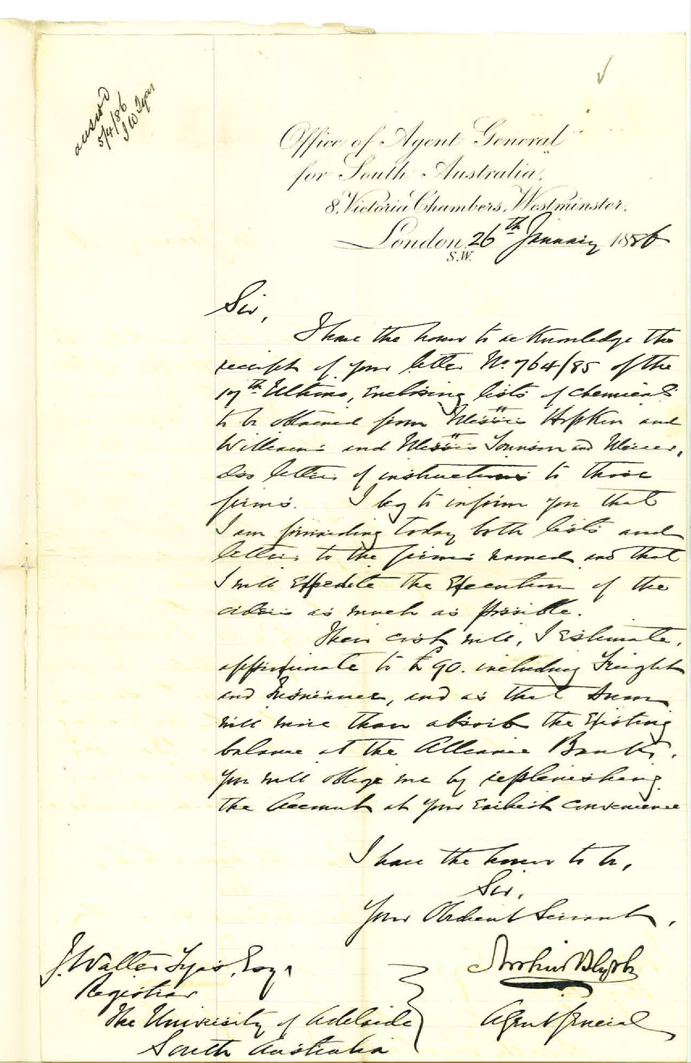Arthur Blyth - Office of the Agent General for South Australia - London - Lists of Chemicals to be Obtained