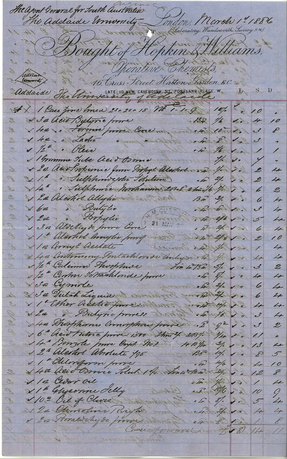 Arthur Blyth - Office of the Agent General for South Australia - London - Shipment of Cases of Chemicals