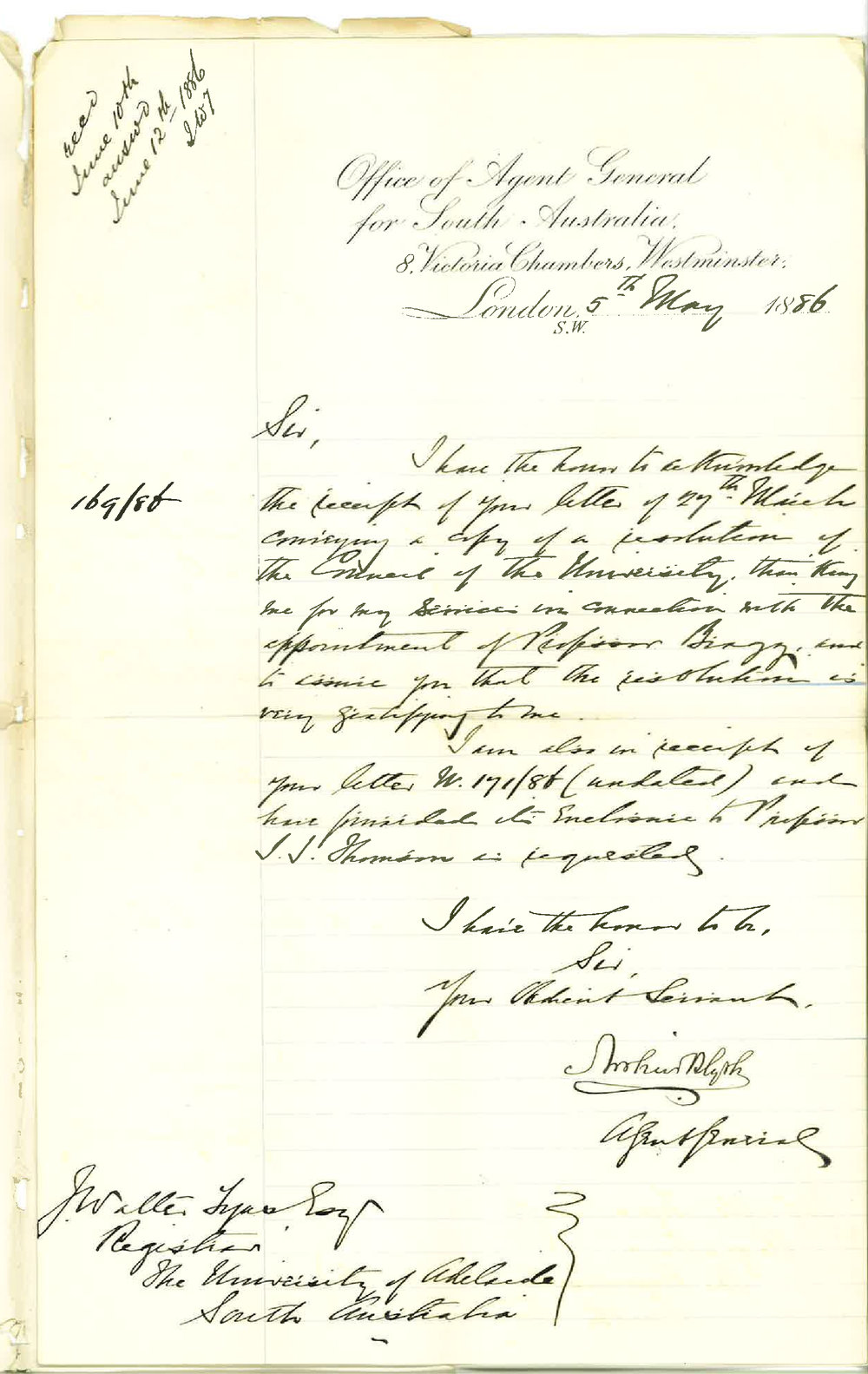 Arthur Blyth - Office of Agent General for South Australia - London - Thanks to Committee of Selection of Professor Mathematics
