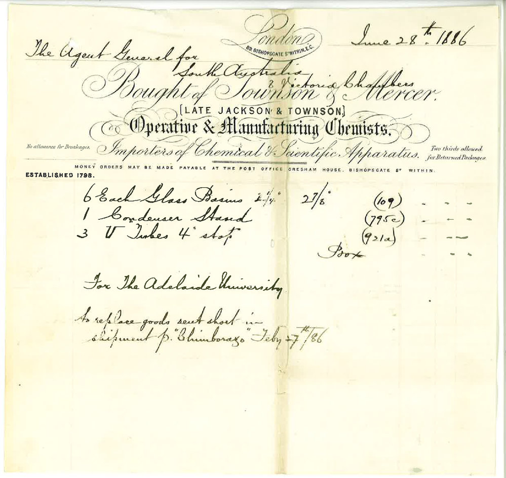 Arthur Blyth - Office of the Agent General for South Australia - London - Concerning Goods from Messrs Townson and Mercer and Messrs Hopkin and Williams