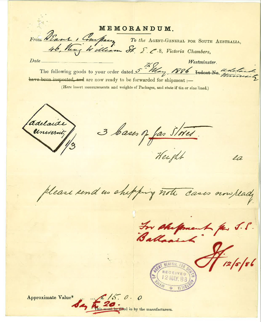 Arthur Blyth - Office of the Agent General for South Australia - London - Forwarding Documents Relating to Shipment of Gas Stoves