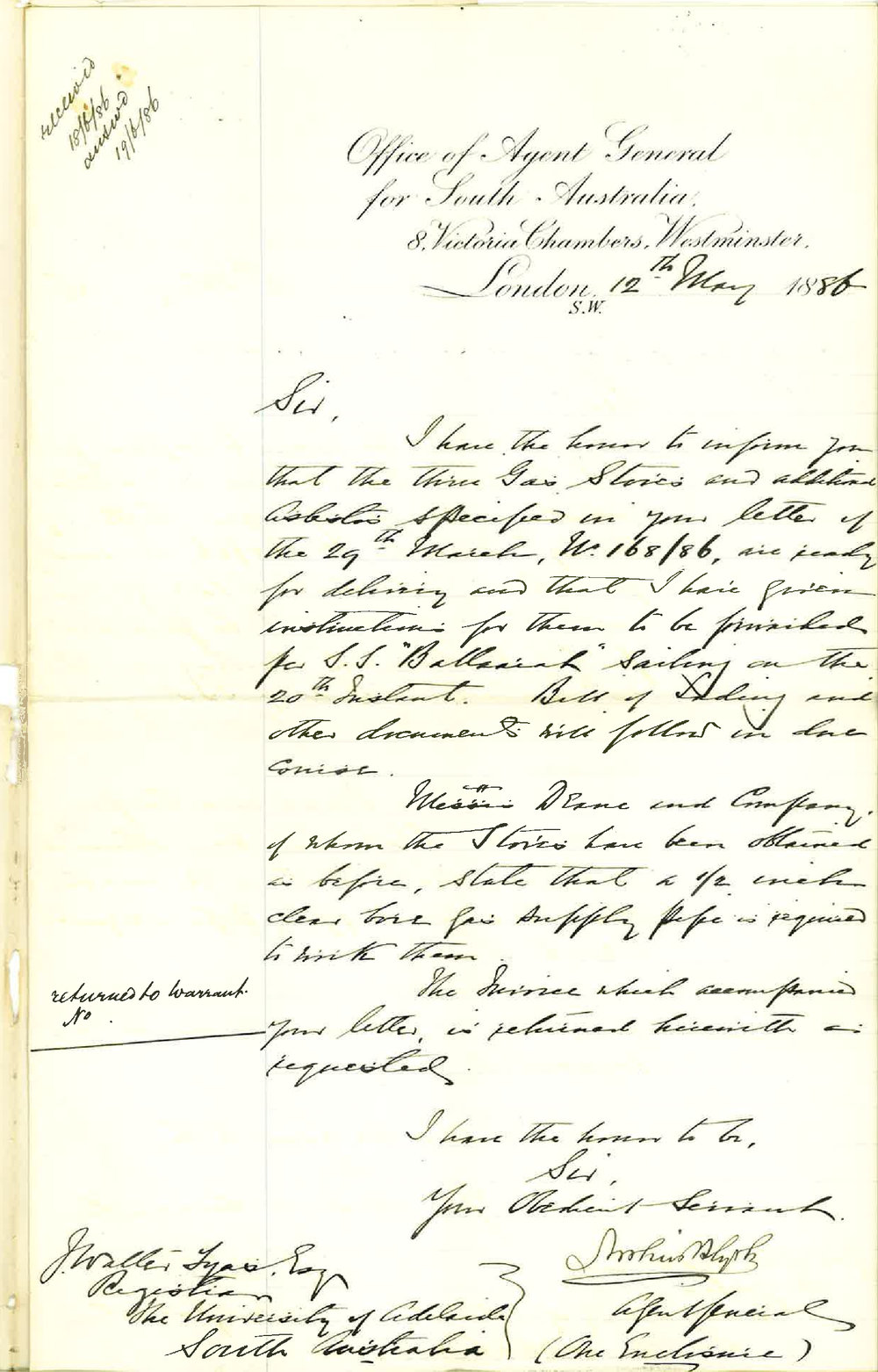 Arthur Blyth - Office of the Agent General for South Australia - London - Shipment of Gas Stoves