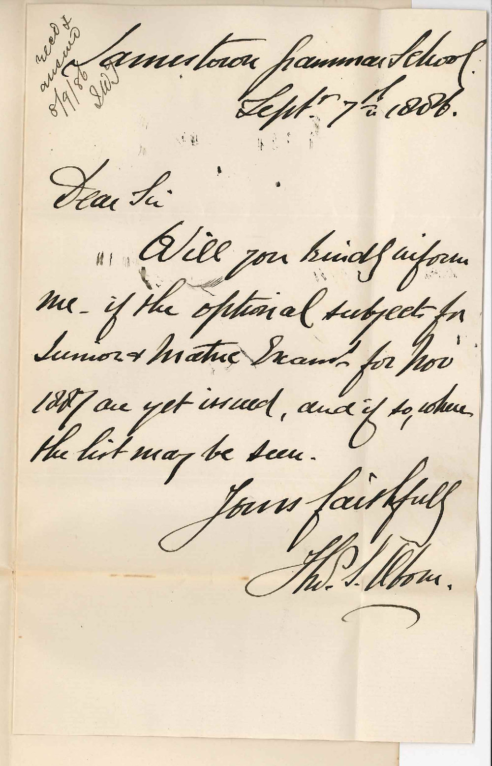 T S Oborn - Jamestown Grammar School - Optional Subjects Junior and Matric Examinations for 1887