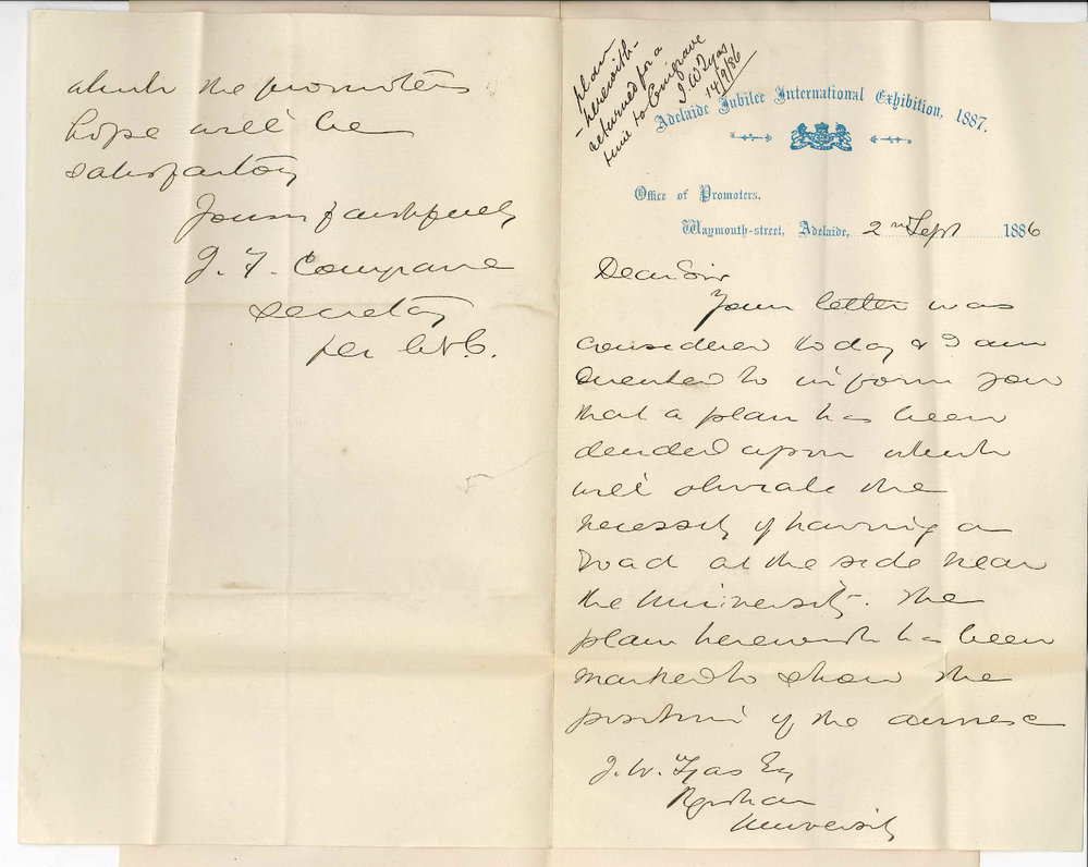 John Fairfax Conigrave - Secretary - Adelaide Jubilee International Exhibition - Waymouth Street Adelaide - Plans on University Ground for Exhibition Purposes