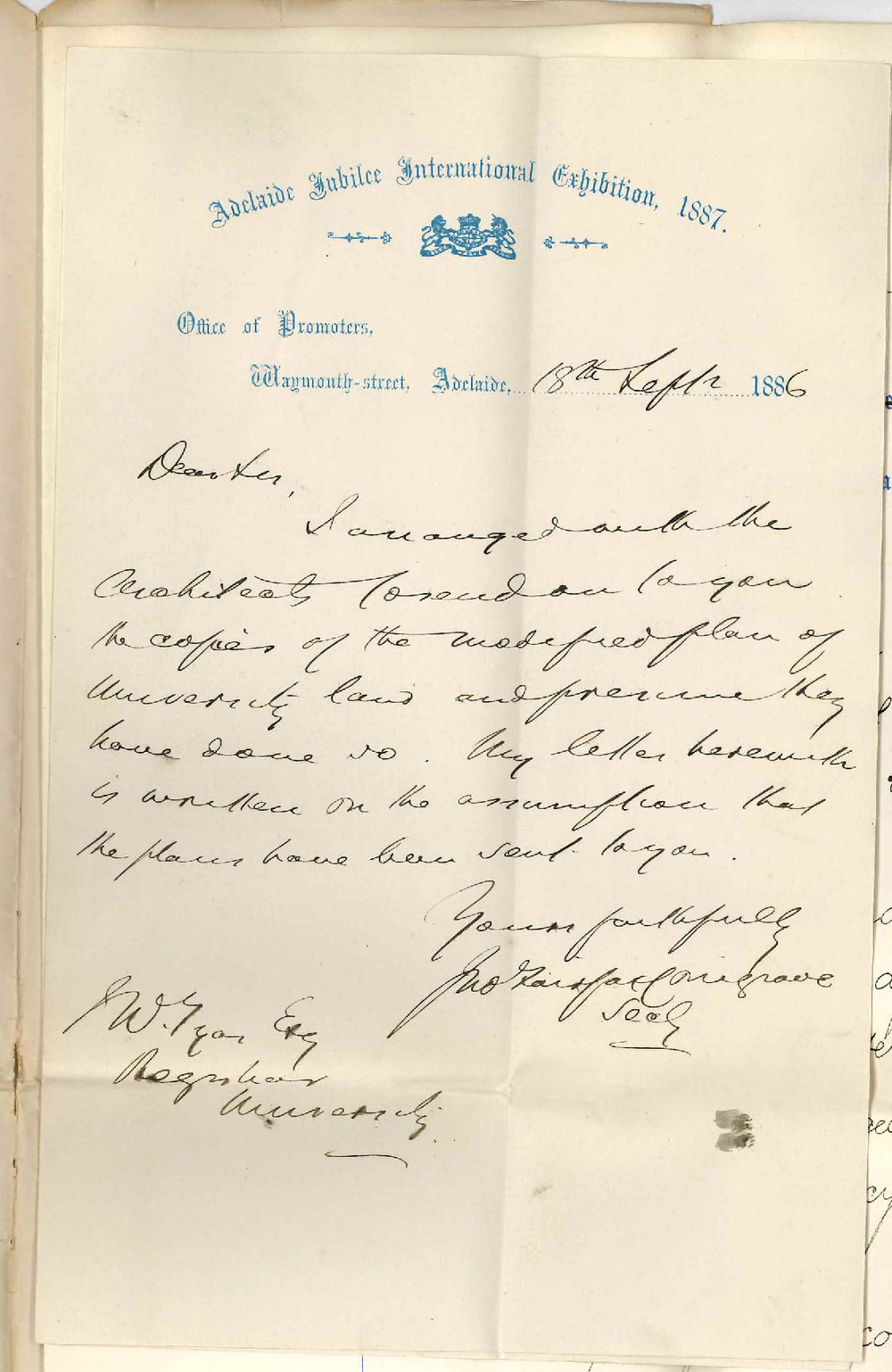 John Fairfax Conigrave - Secretary - Adelaide Jubilee International Exhibition - Waymouth Street Adelaide - Governors Consent to Use University Land for Exhibition Purposes