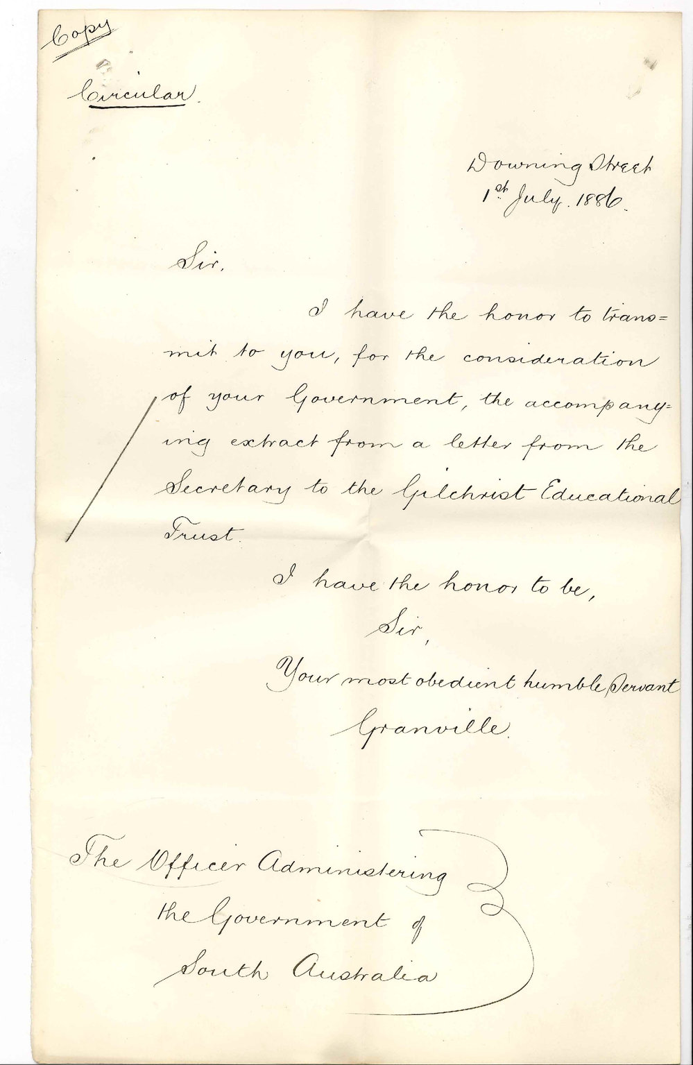James Bath - Secretary - Minister of Education - Adelaide - Letter from Lord Granville Regarding Gilchrist Scholarship