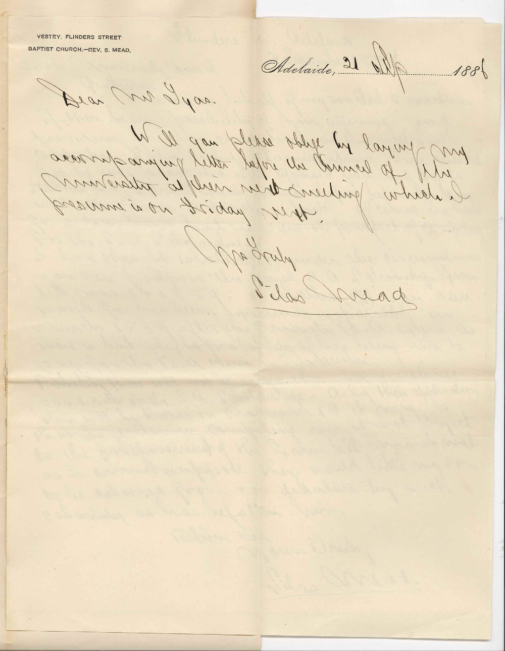 Reverend Silas Mead - Flinders Street - Cecil Mead's Illness and Proposed Postponement of South Australian Scholarship Examination