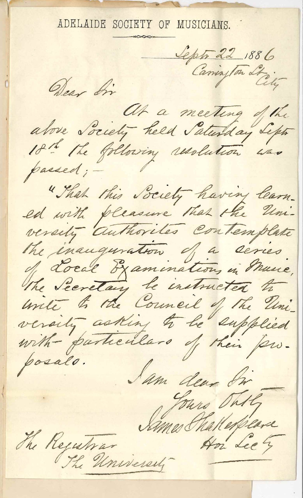James Shakespeare - Adelaide Society of Musicians - Carrington Street Adelaide - Local Examination in Music
