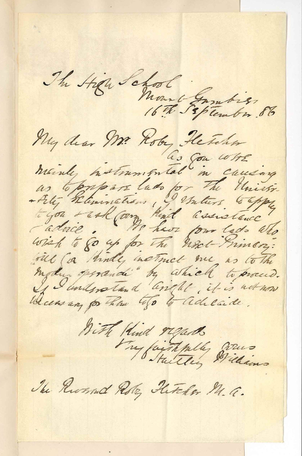 Reverend Hartley Williams - Mount Gambier - Letter to Reverend W R Fletcher - Local Junior Examinations
