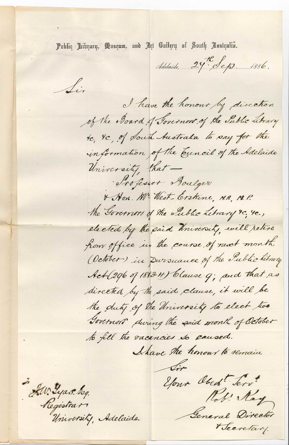 Robert Kay - Public Library - Retirement of Professor Edward Vaughan Boulger and Mr West-Erskine as Governors Public Library