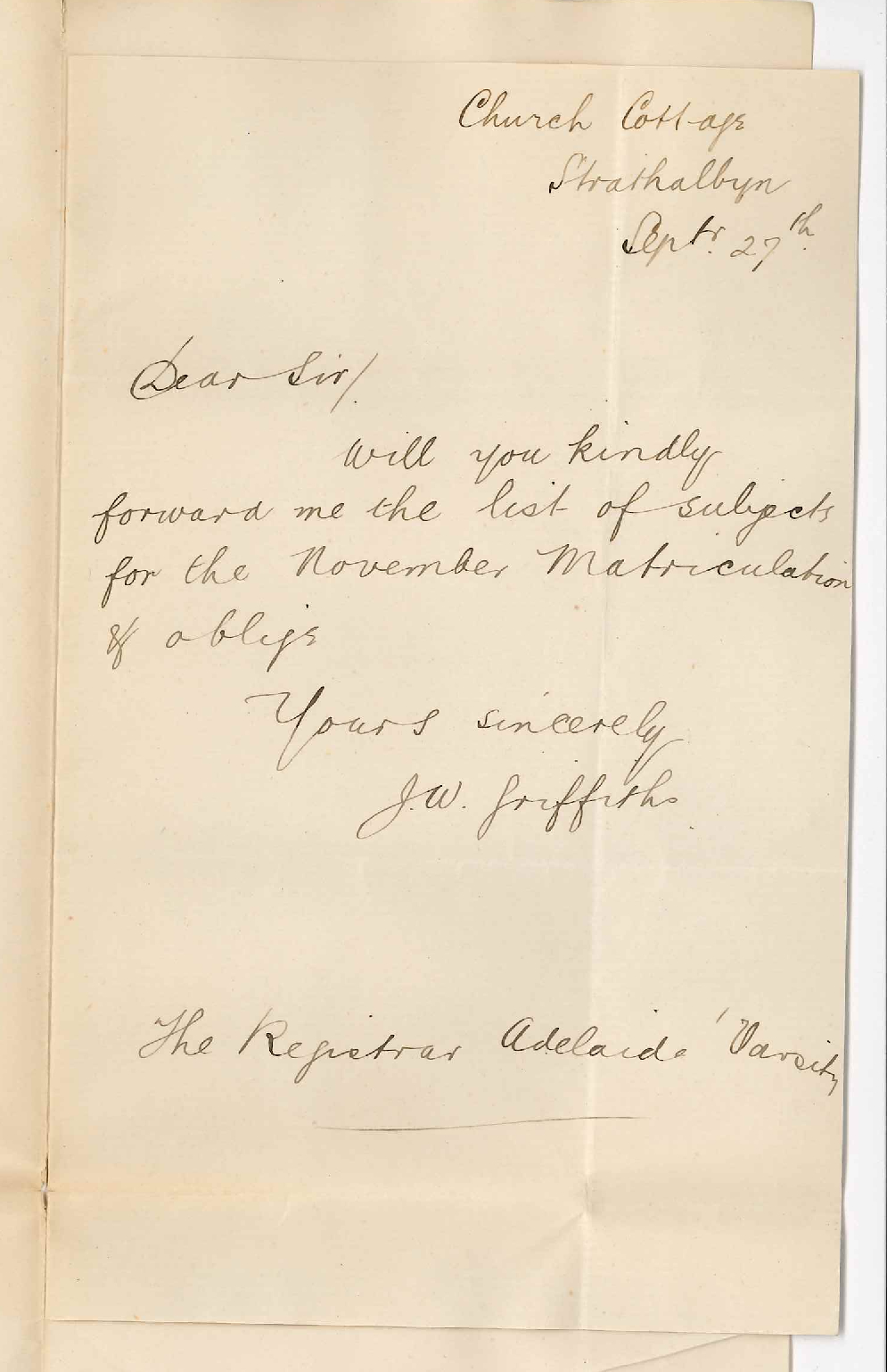 J W Griffiths - Strathalbyn - Subjects for Matriculation Examination November 1886