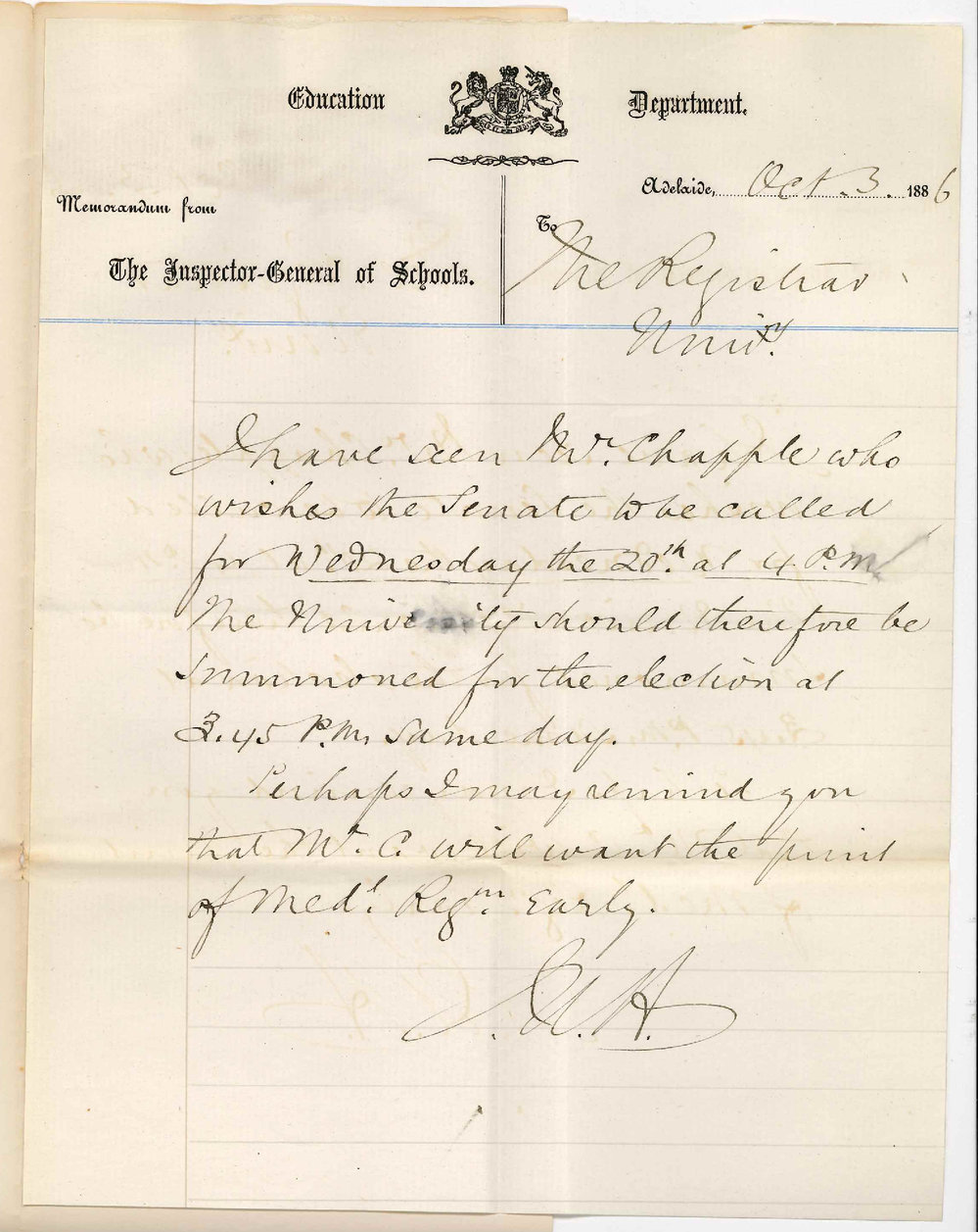 John Anderson Hartley - Inspector-General of Schools - Meeting of Senate and University in October
