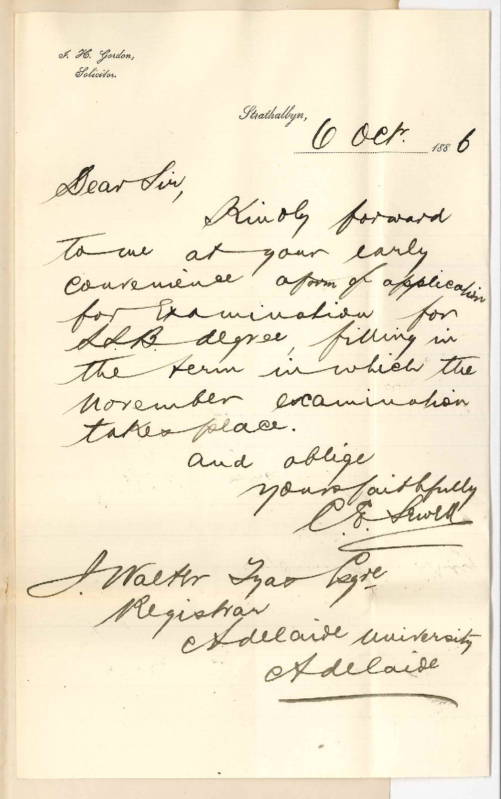 Charles Edward Sewell - Strathalbyn - Form of Entry for LLB Examination