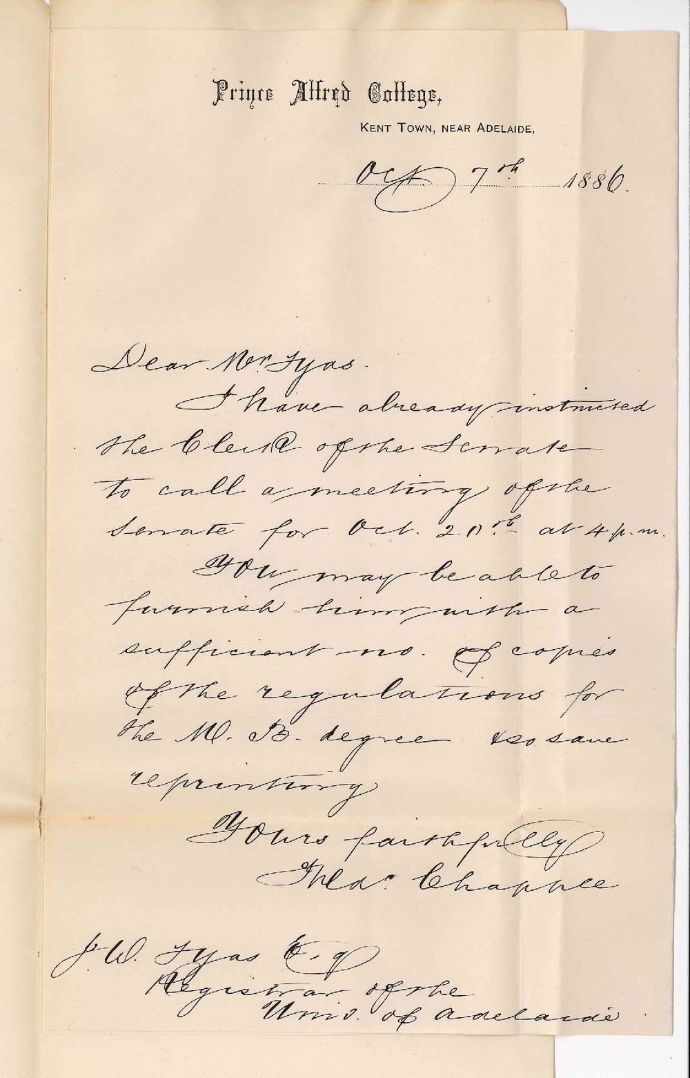 Frederic Chapple - Prince Alfred College - Special Meeting of Senate - 20 October