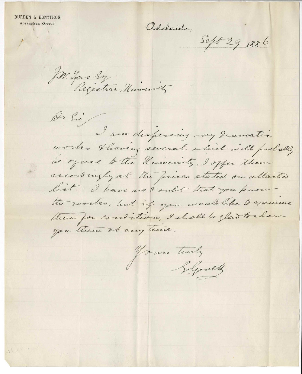G Govett - Burden and Bonython - Advertiser Office - Sale of Book
