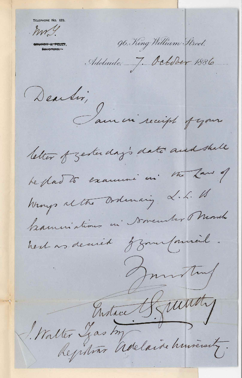 Eustace Beardoe Grundy - King William Street Adelaide - Additional Examiner in the Law of Wrongs