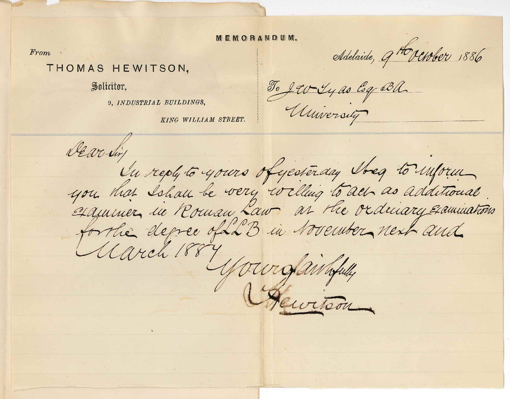 Thomas Hewitson - King William Street Adelaide - Additional Examiner in Roman Law