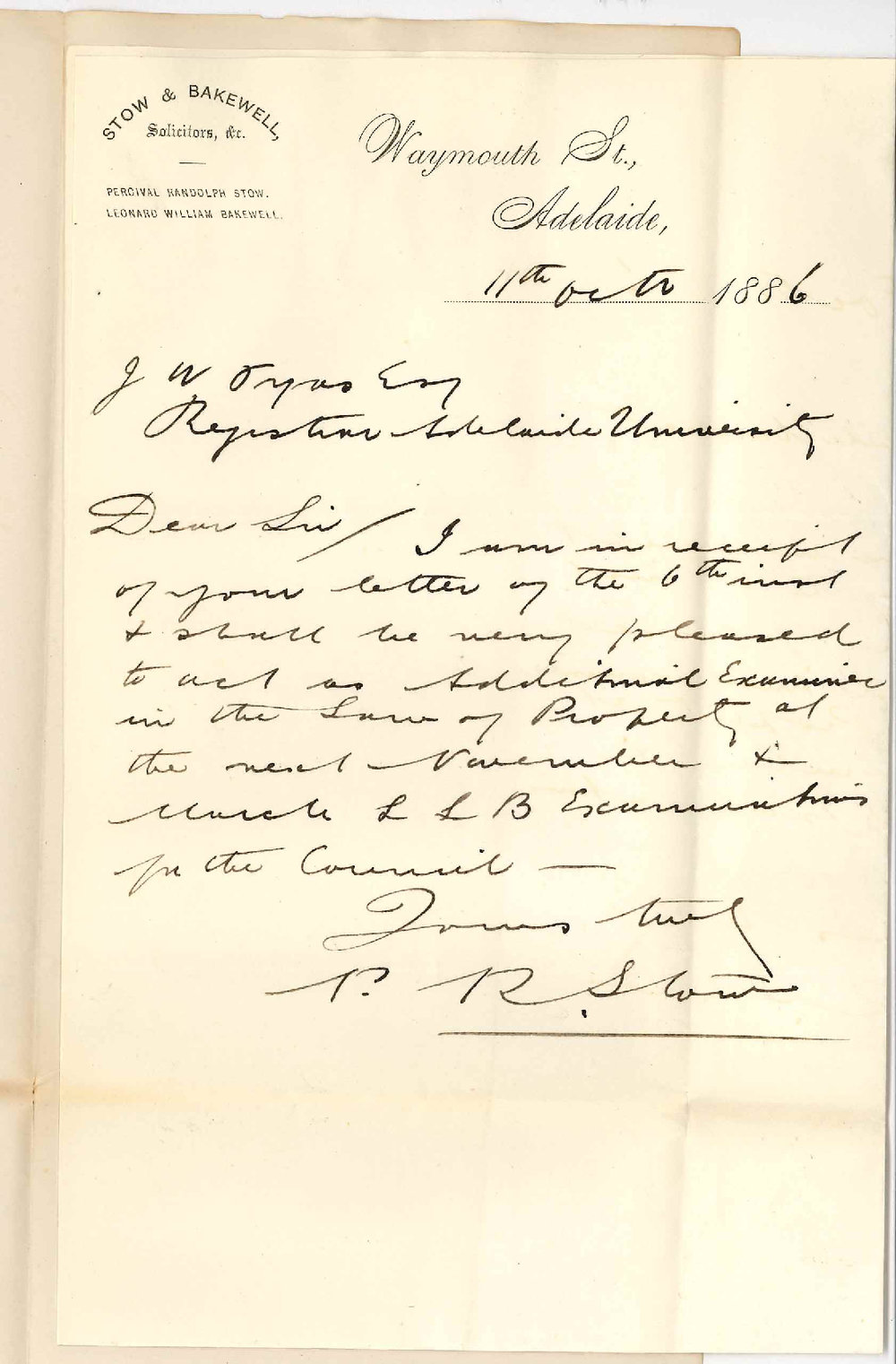 Percival Randall Stow - Waymouth Street Adelaide - Additional Examiner in Law of Property
