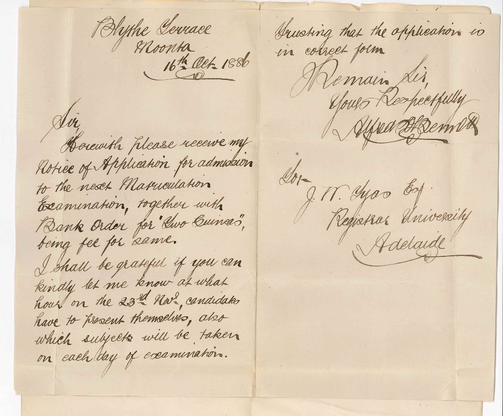 Alfred Bennett - Moonta - Entry for Matriculation Examination