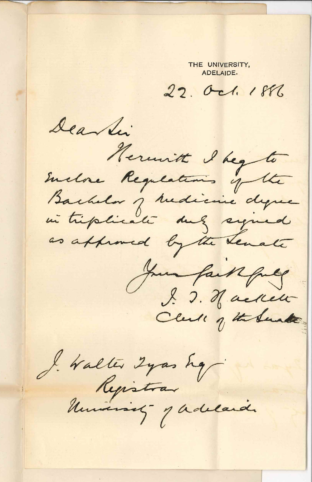 James Thomspon Hackett - Clerk of the Senate - Regulations MB Course Returned