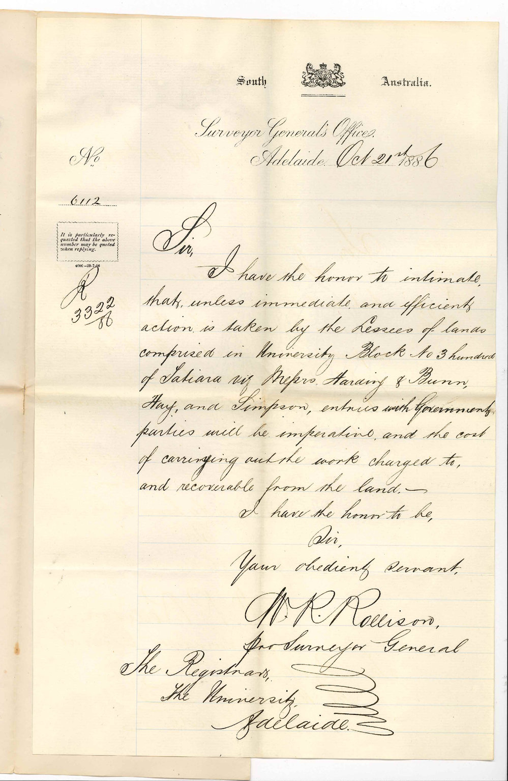 W R Rollison - Surveyor General's Offices - Adelaide - Destruction of Rabbits on University Lands at Tatiara