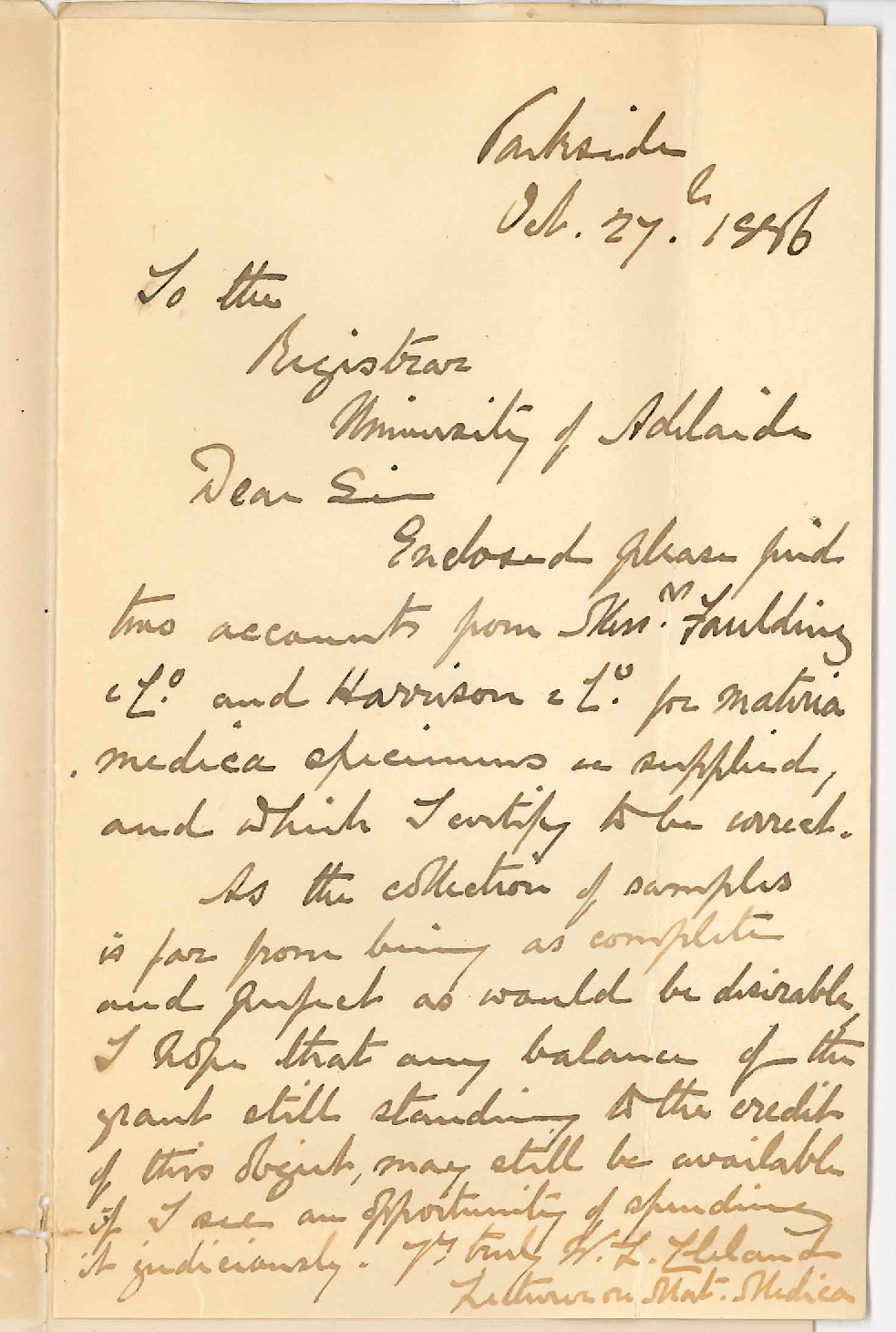 Dr William Lennox Cleland MB - Parkside - Expenditure for Materia Medica Specimens