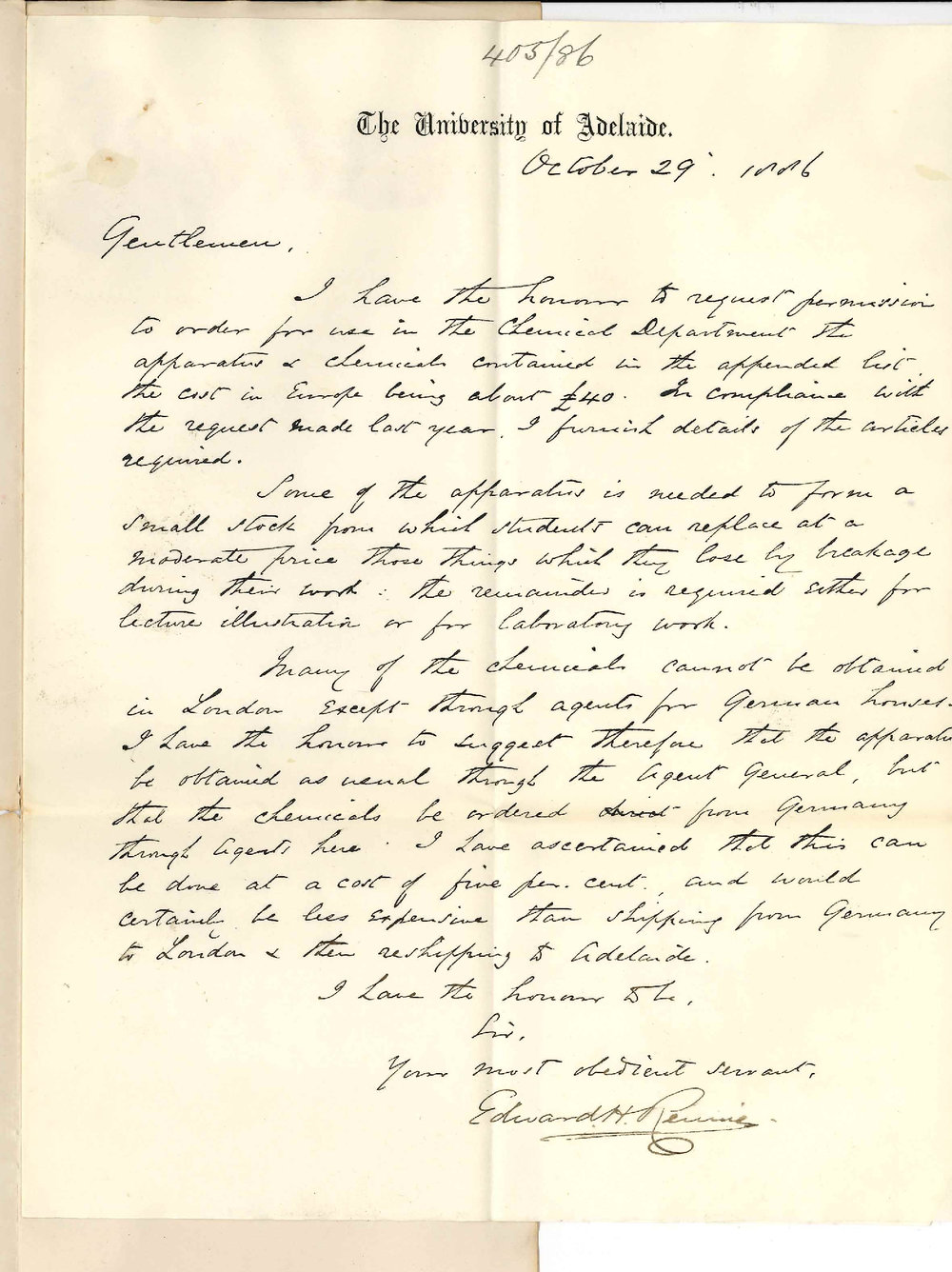 Professor Edward Henry Rennie - The University - Requesting Permission to Order Certain Goods for the Chemical Laboratory