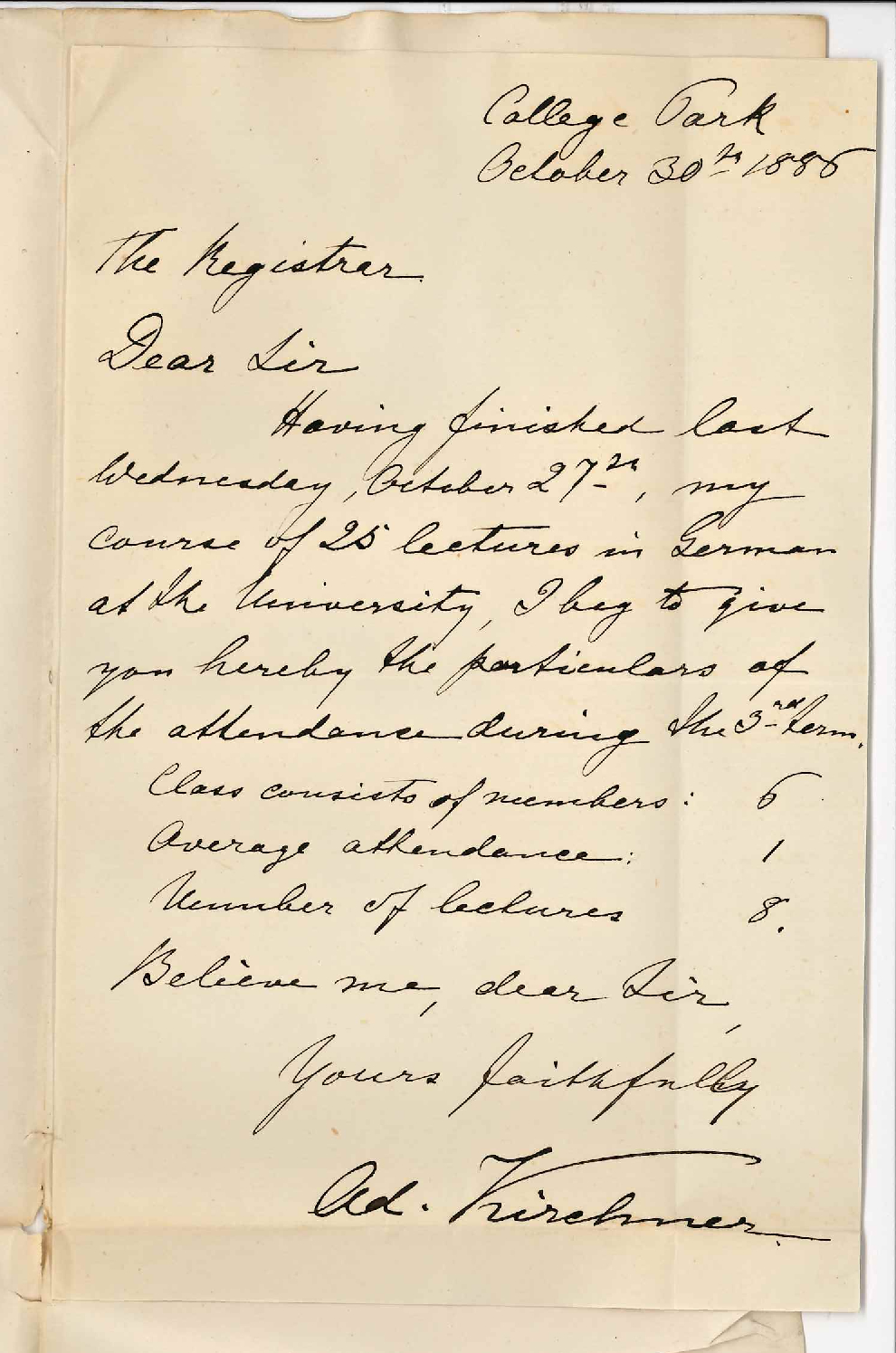 A Kirchner - College Park - Attendance at Evening German Class for Third Term 1886