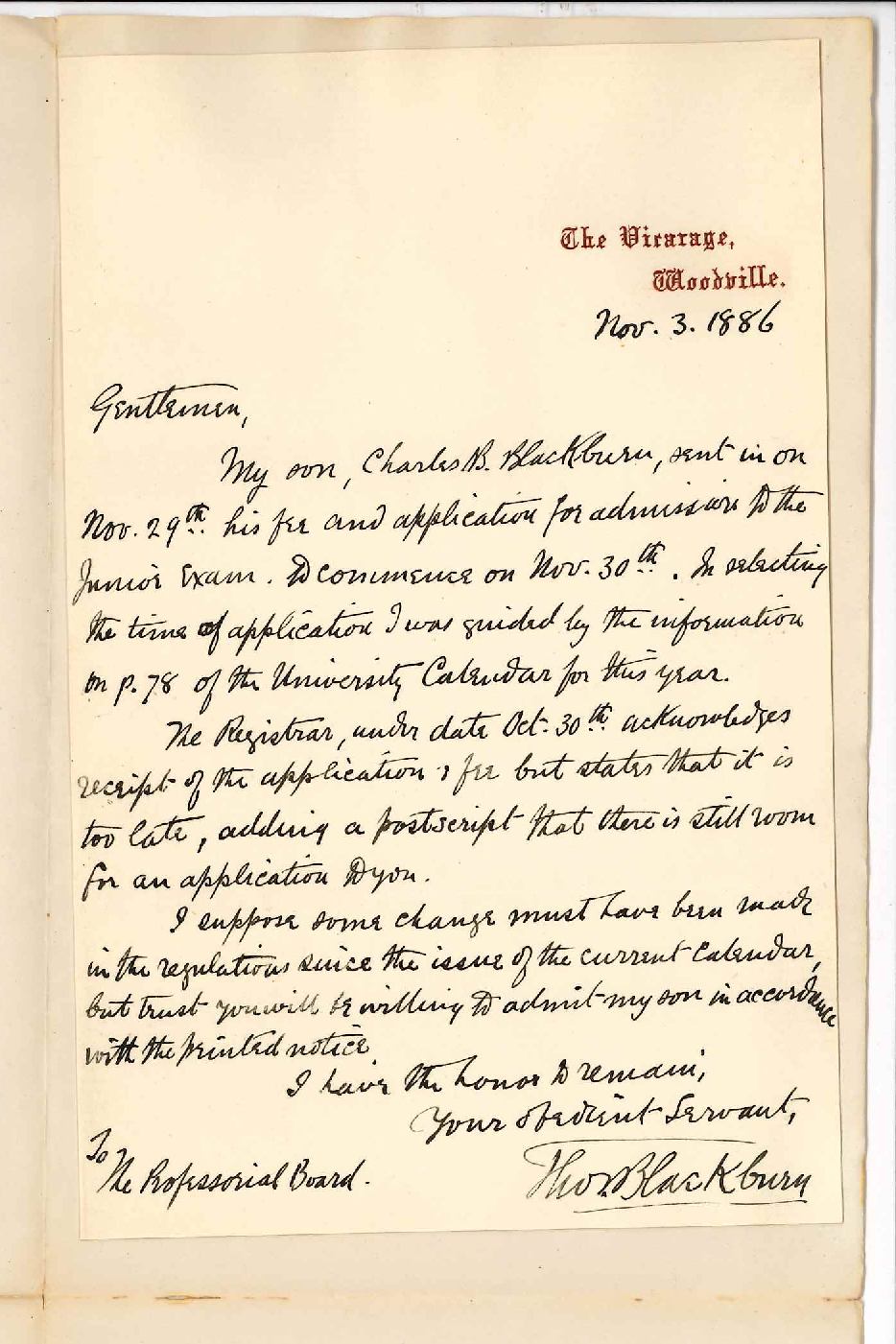 Reverend  Thomas Blackburn - Woodville - Entry for Junior Examination and Error in Calendar