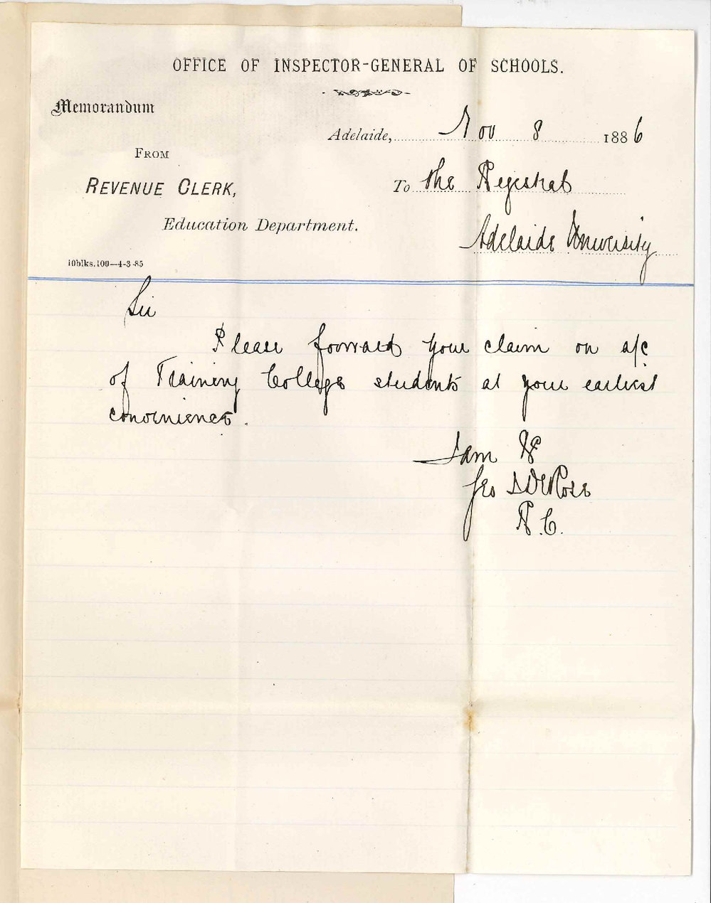 G J DeRose - Revenue Clerk - Education Office - Account for Training College Students