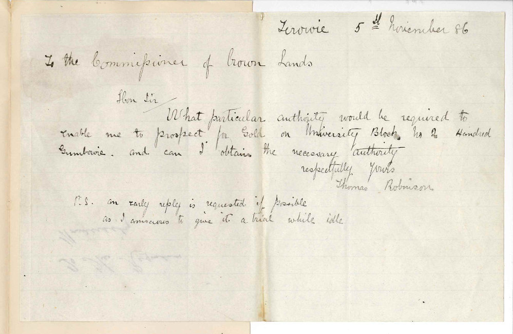 Thomas Robinson - Terowie - Forwarded by Commissioner of Crown Lands - Authority to Prospect on University Block at Gumbowie