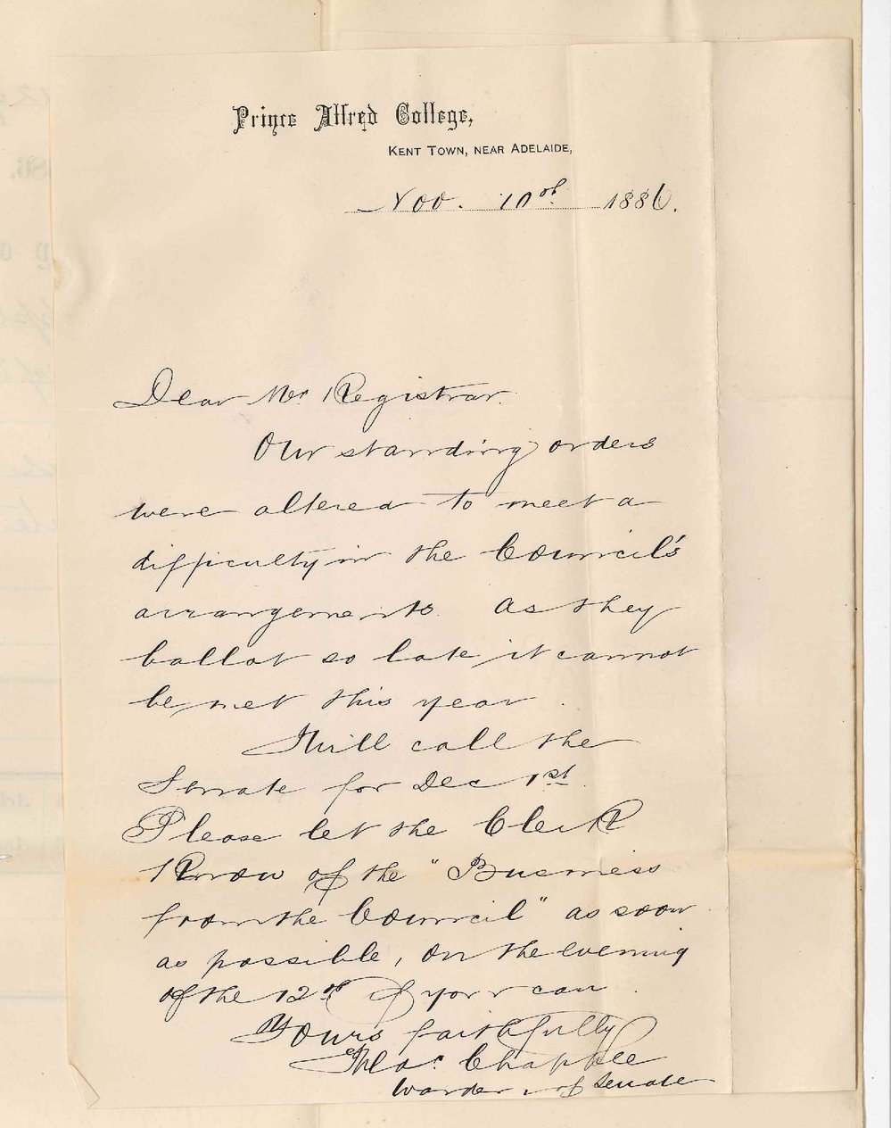 Frederic Chapple - Warden of the Senate - Special Meeting of the Senate - 1 December