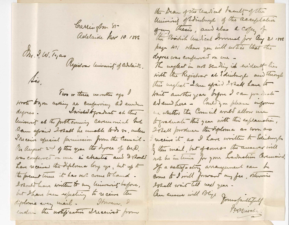 Dr F W Niesche - Carrington Street Adelaide - Ad Eundem Degree