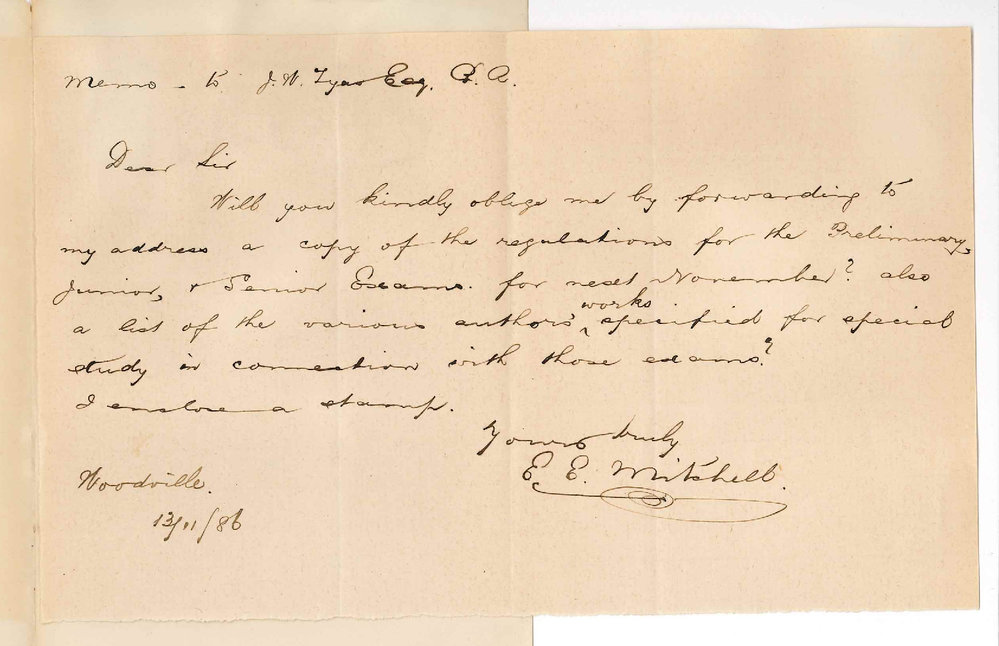 Ernest Edwin Mitchell - Woodville - Asking for Regulations for Junior and Senior Examinations