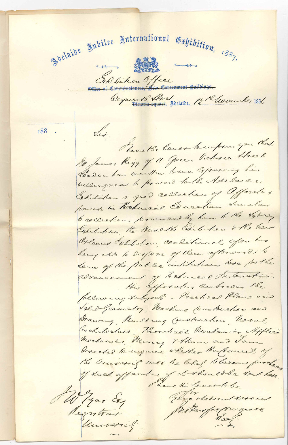 John Fairfax Conigrave - Secretary - Adelaide Jubilee International Exhibition - Waymouth Street Adelaide - Collection of Apparatus for Technical Education from Mr James Rigg
