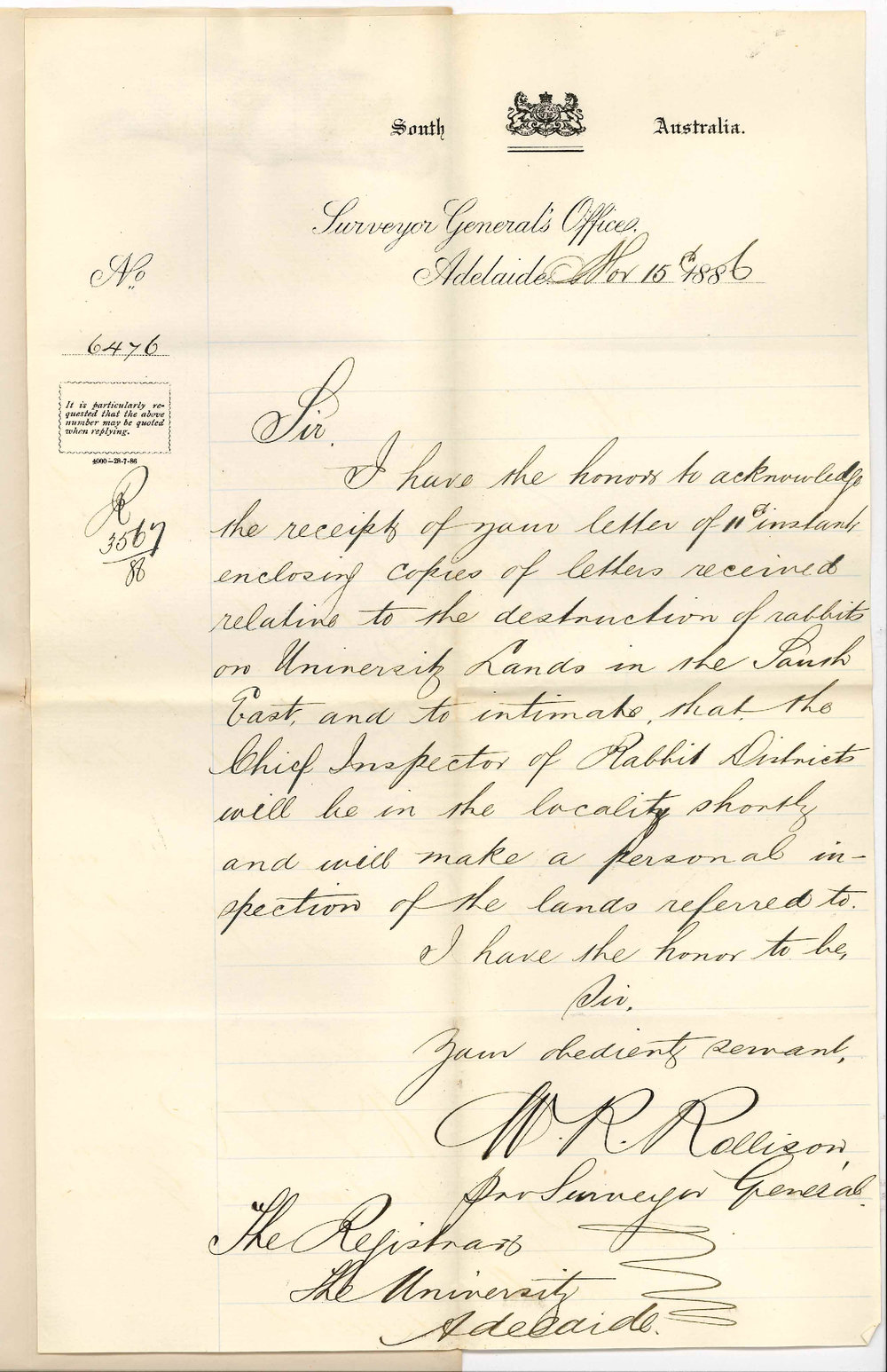 W R Rollison - Surveyor General's Offices - Adelaide - Concerning Destruction of Rabbits on Tatiara Lands