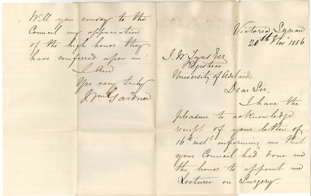 Dr William Gardner - Angas Street Victoria Square - Concerning Election as Lecturer on Surgery