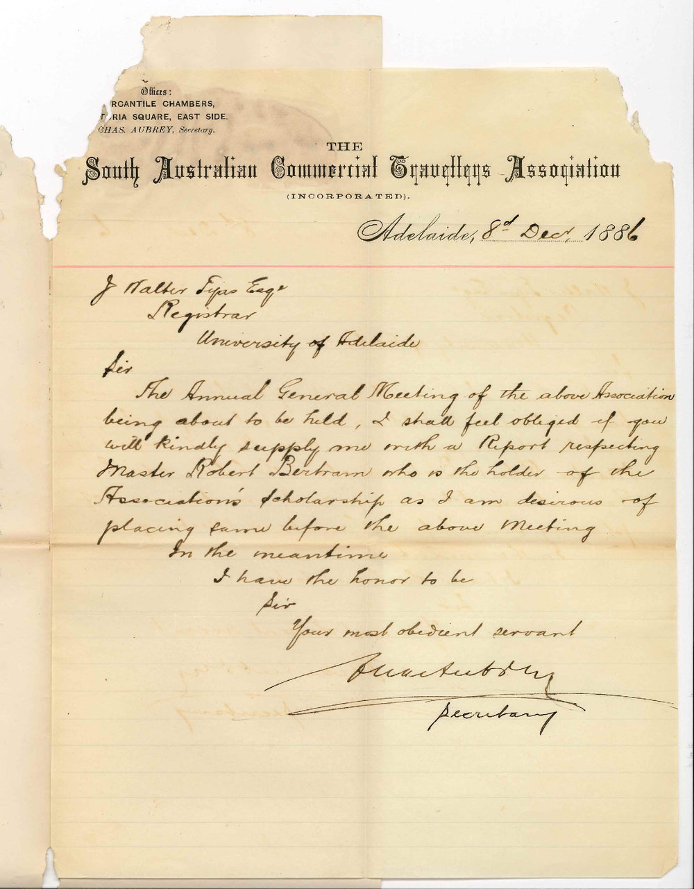 Charles Aubrey - Secretary - South Australian Commercial Travellers Association - Requesting Progress Report of Mr Robert Bertram