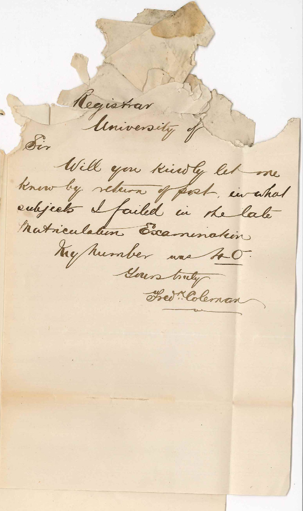 Frederick Coleman - Mount Barker - Subjects he Failed at the Matriculation Examination