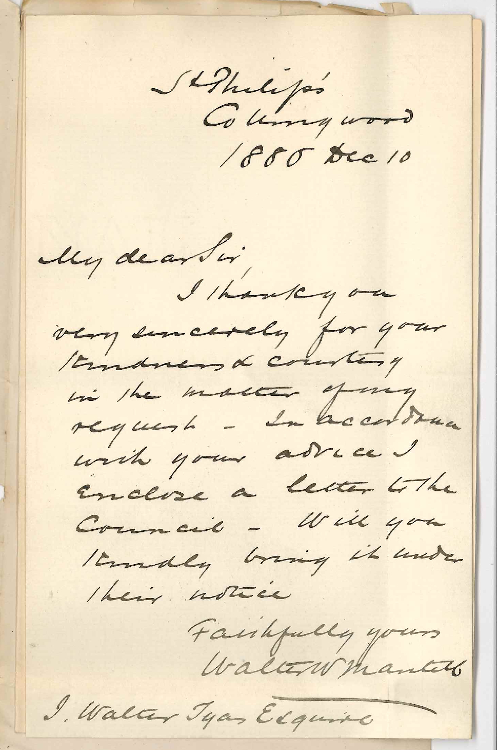 Reverend Walter W Mantell - Collingwood Victoria - Exemption from Lectures on the MB Course