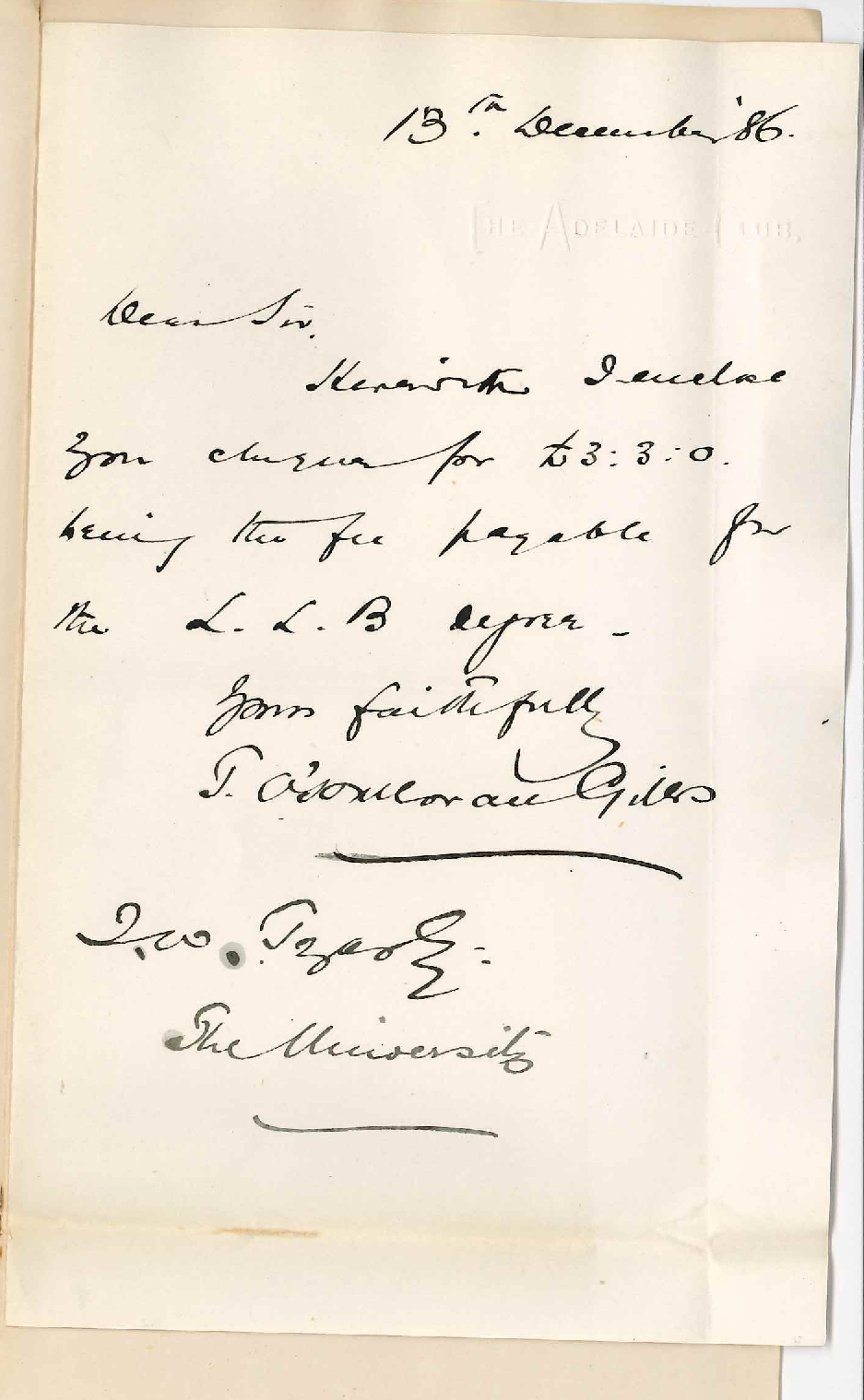 T O'H Giles - Adelaide Club - LLB Degree Payment
