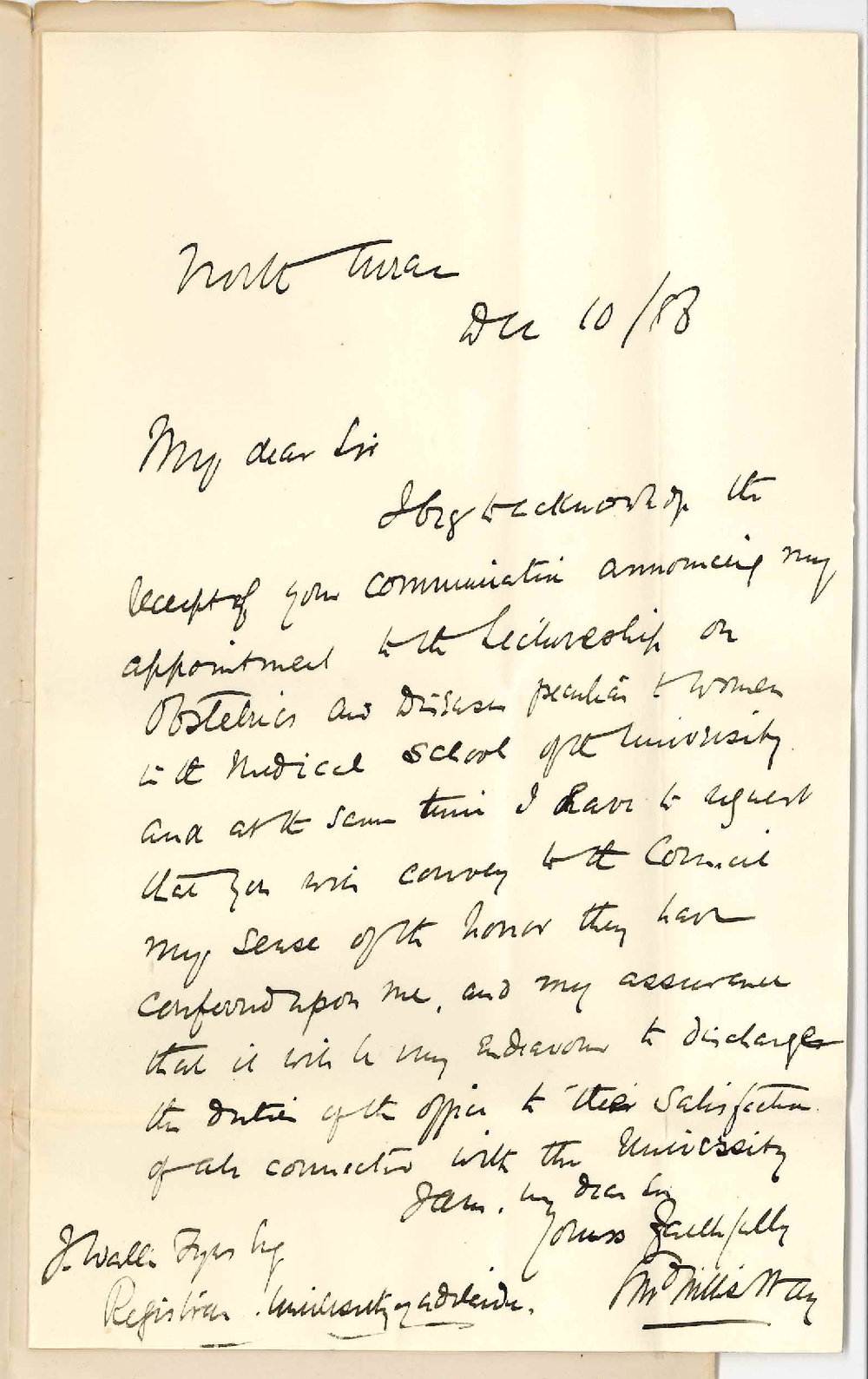 Dr Edward Willis Way - North Terrace - Thanking the Council for Electing Him Lecturer in the Medical School