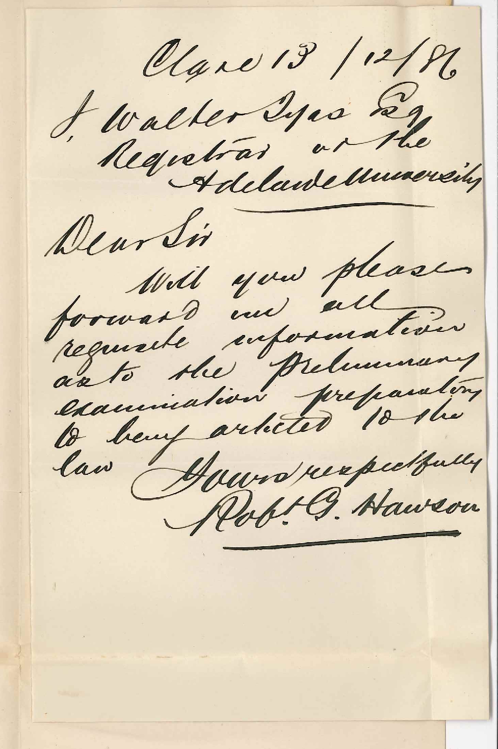 Robert G Hawson - Clare - Concerning Preliminary Examination Prior to Being Articled to the Law