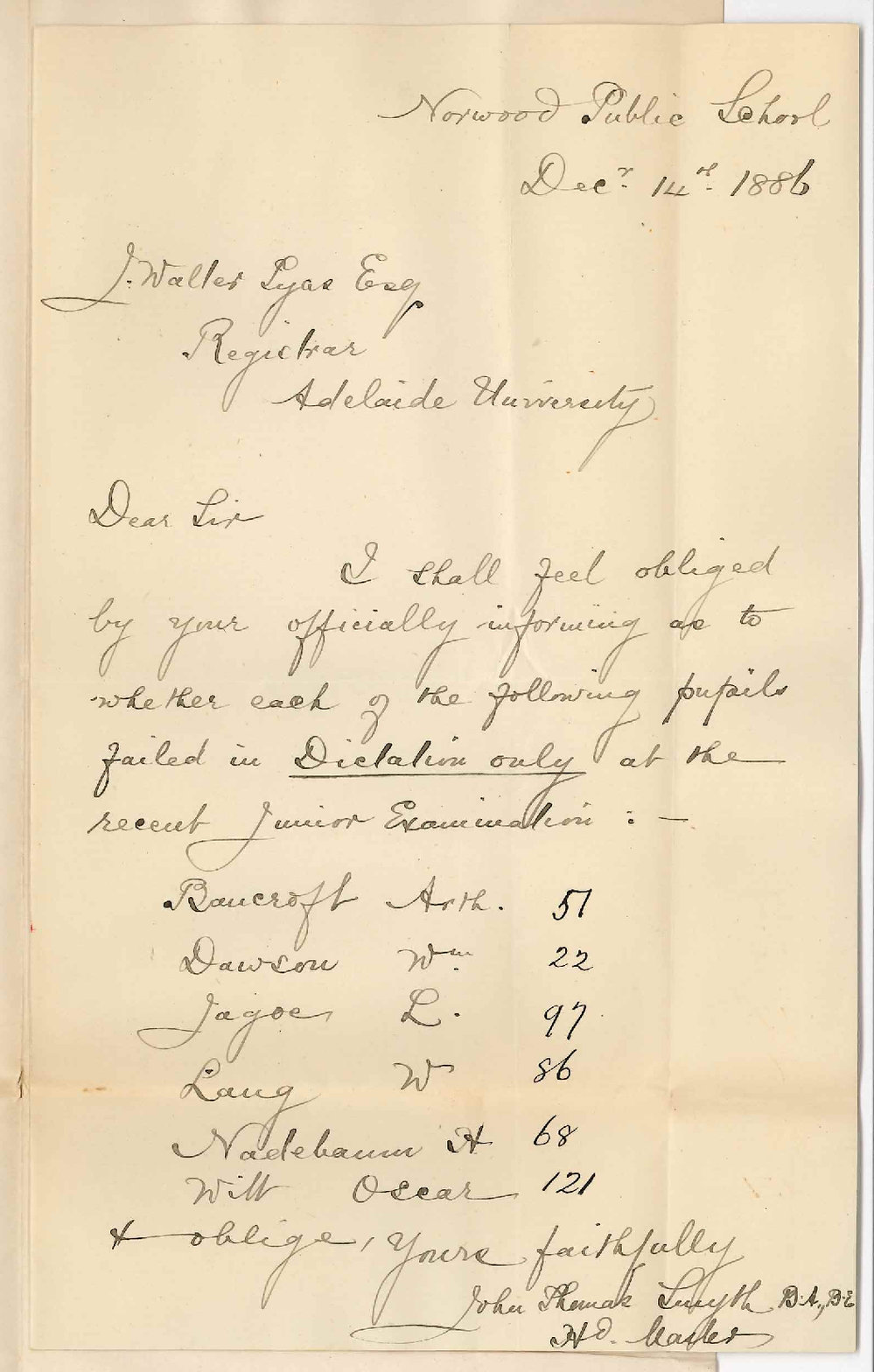 John Thomas Smyth - Head Master - Norwood Public School - Failures in Junior Examination