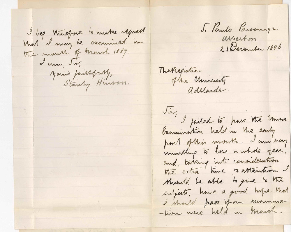 Reverend Stanley Hinson - Alberton - Requesting Exam in Music in March 1887