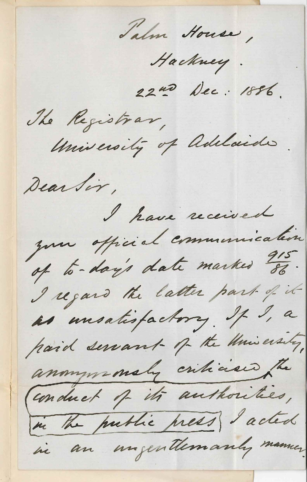 Professor Edward Vaughan Boulger - Hackney - Concerning His Resignation and the Action of the Council