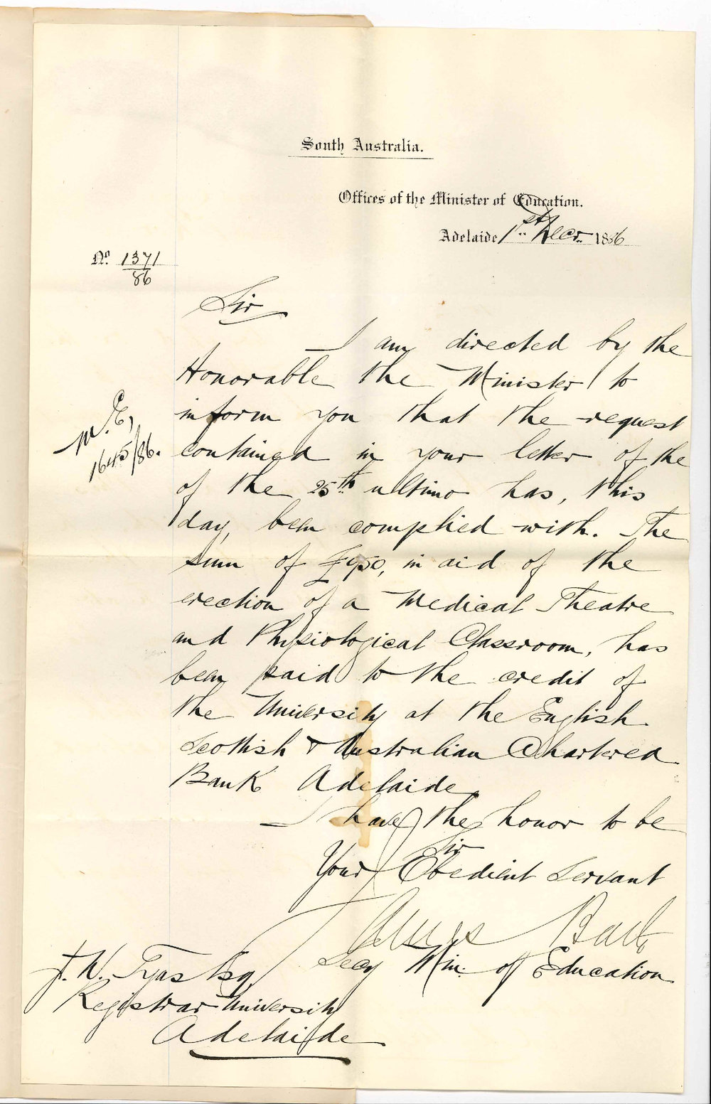 James Bath - Secretary - Minister of Education - General Post Office [GPO] - Pay of &pound;950 Subsidy on Medical Theatre