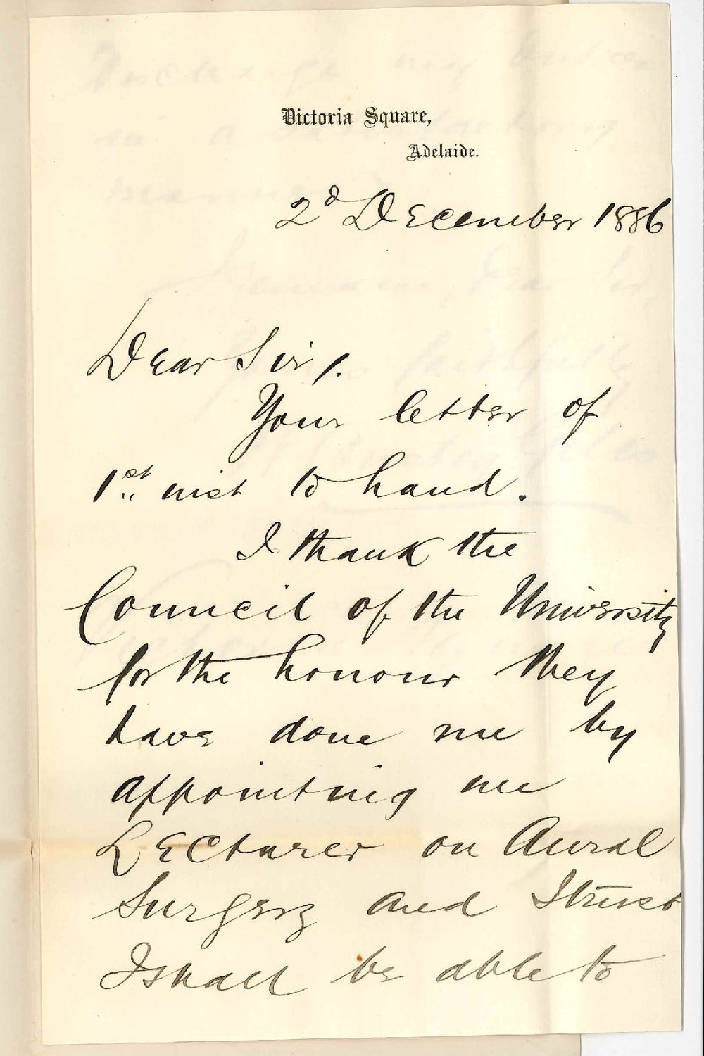 Dr William Anstey Giles - Victoria Square Adelaide - Thanking Council for Electing Him Lecturer on Aural Surgery in the Medical School